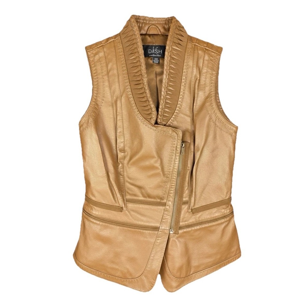 Dash Kardashian Genuine Leather Brown VNeck Asymmetrical Zip Women XXS Fall Vest